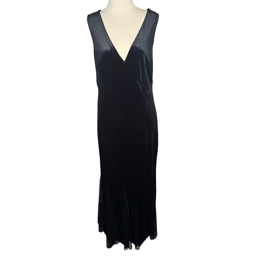 Candalite Black Velvet Open Back Maxi Dress Satin Tie V-Neck XL Goth Formal